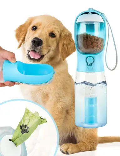 3in1 Pet Water Bottle with Built-in Filtration - 20oz Leak-Proof Design Container, Easy-to-Use, Built-in Poop Bag Dispenser, Food Storage, Ideal for Travel, Hiking (Dog & Cat Feeding Supplies)
